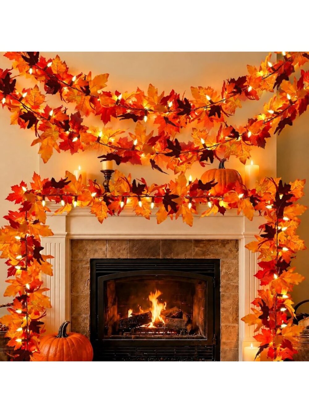 2-Pack 9ft LED Maple Leaf Garland with Timer - Waterproof Fall Decor for Home
